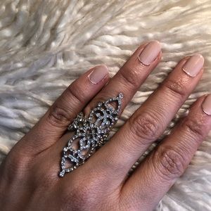 Silver Crystal large finger ring 6 Art Deco style